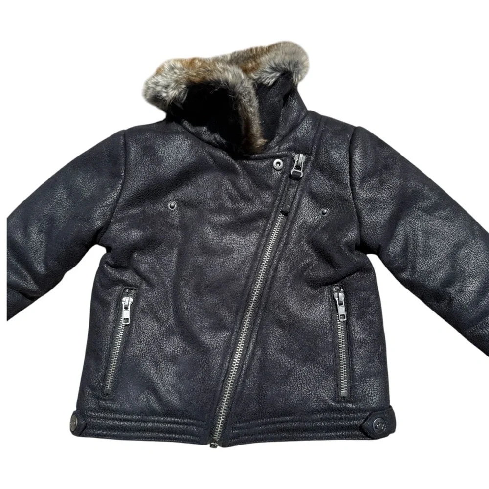 Appaman Moto Jacket Girls Size 5 Black Faux Fur Trim Collar Faux Leather Winter